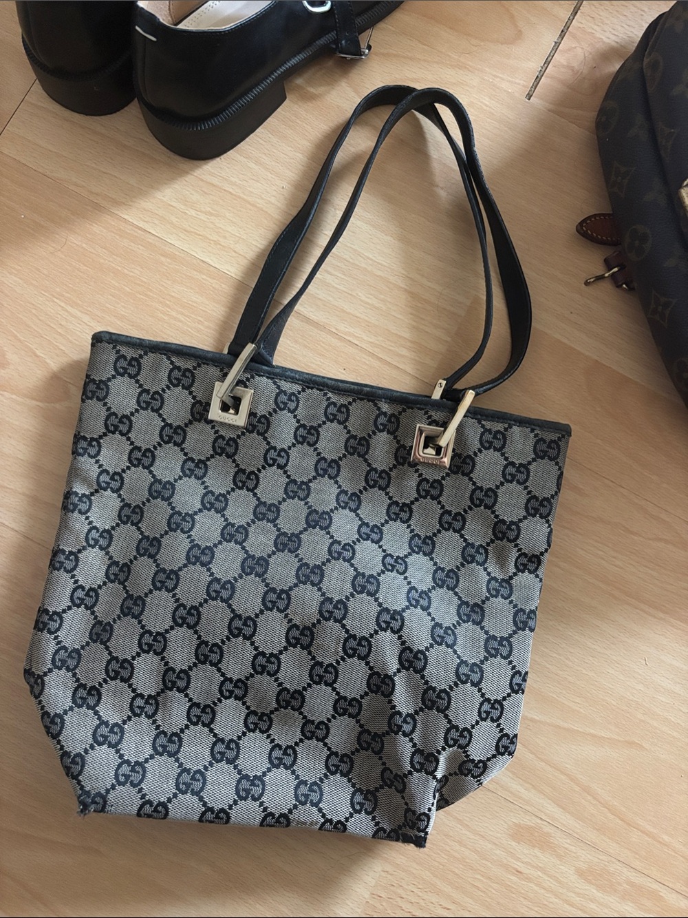 Gucci Gray and Black GG Monogram Canvas Tote